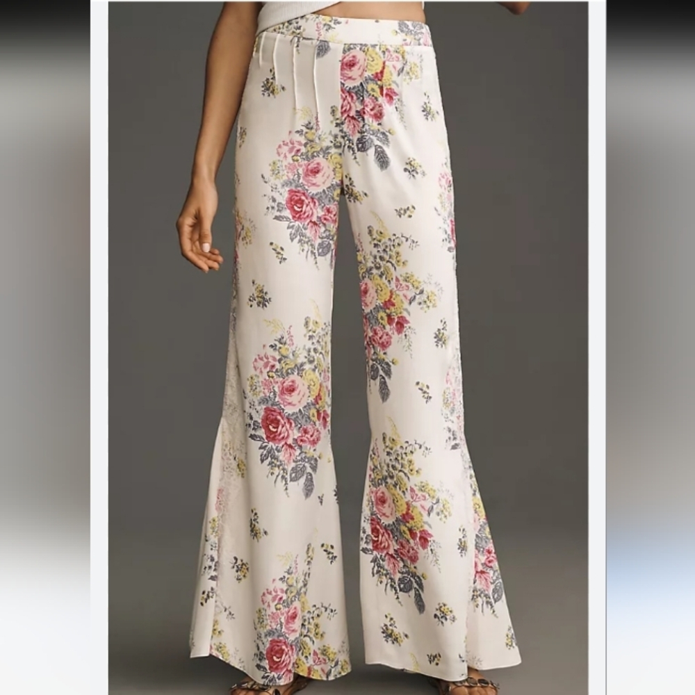 Anthropologie Pink and Cream Floral Lace Wide-Leg High Waist Satin Pants Sz-12 - Picture 2 of 13